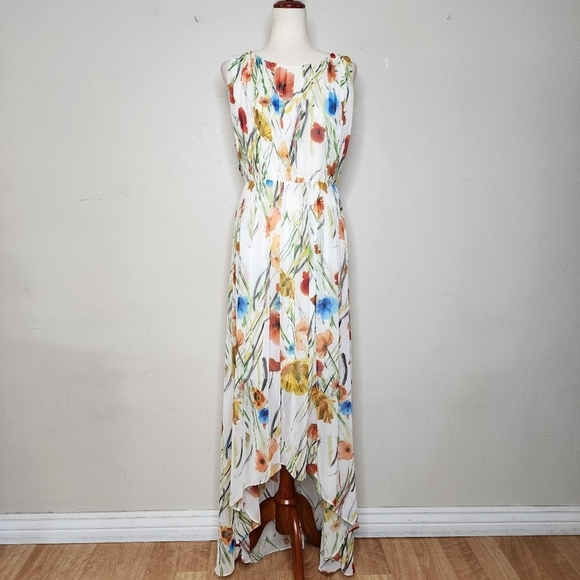 Alice + Olivia Mel Open Back Gathered High-Low Floral Dress Size 10 - Picture 2 of 14